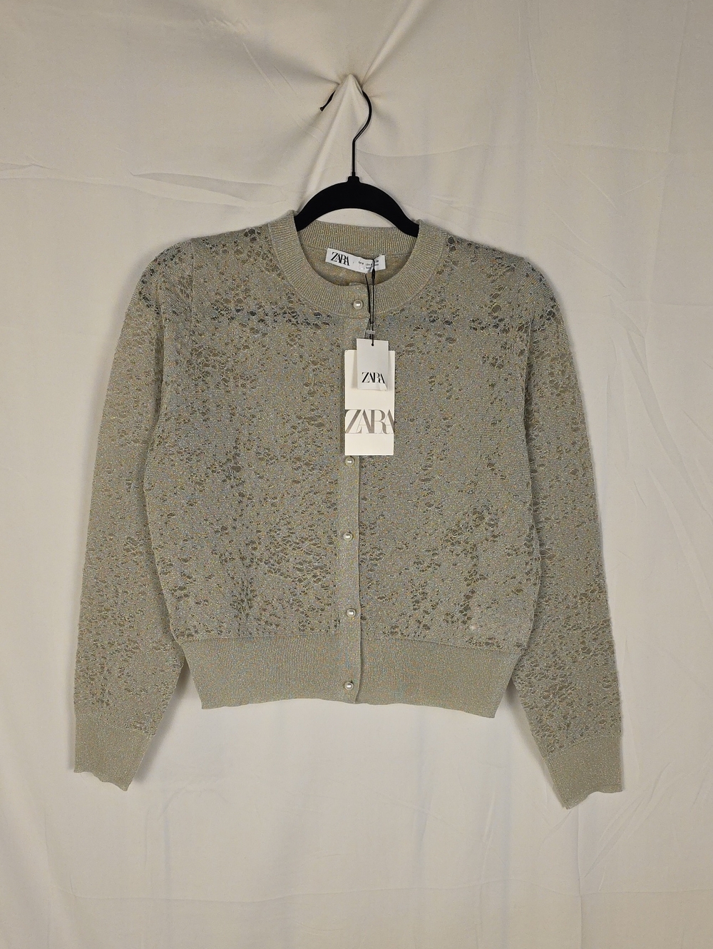 Zara Grey Silver Lace-Effect Knit Cardigan with Pearl Buttons
